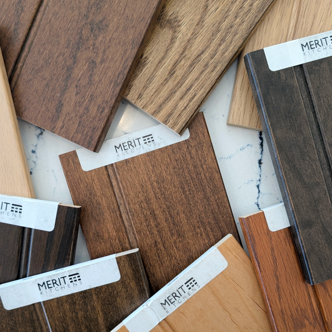 Multiple kitchen cabinet samples compared side by side